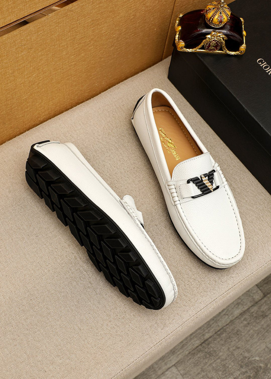 Prada White Metal-Buckle Loafers — side