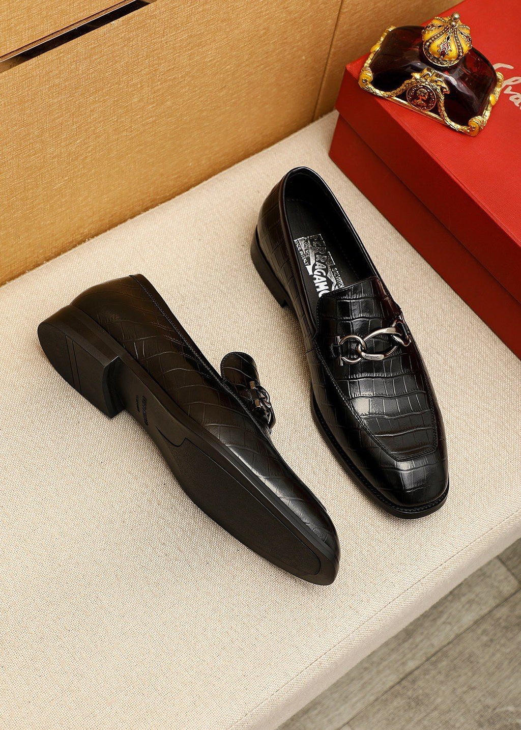 Ferragamo Black Embossed Bit Loafers — front