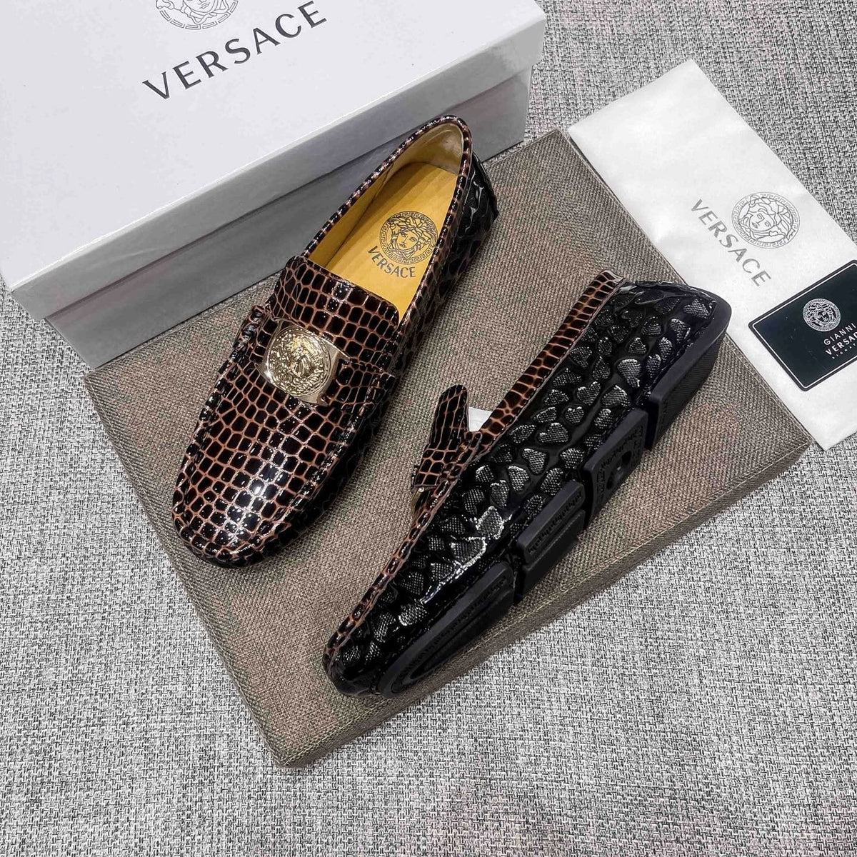 Versace Brown Embossed Medallion Loafers — side
