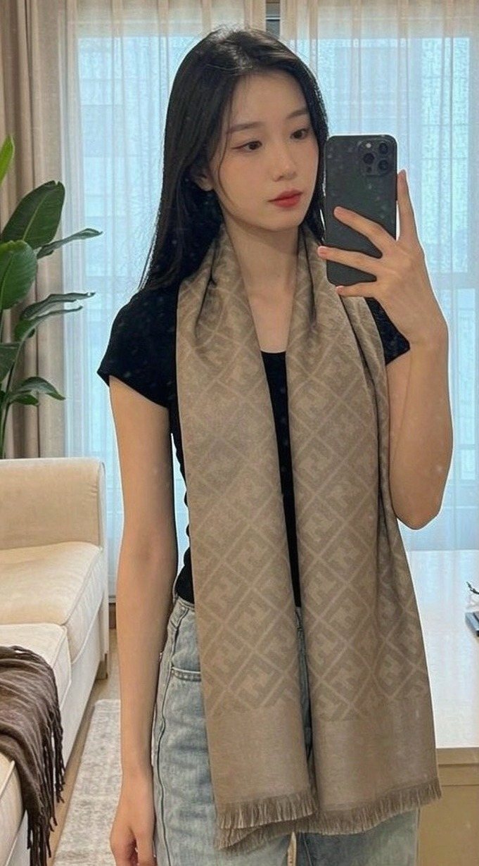 Taupe Patterned Fringed Scarf — hero