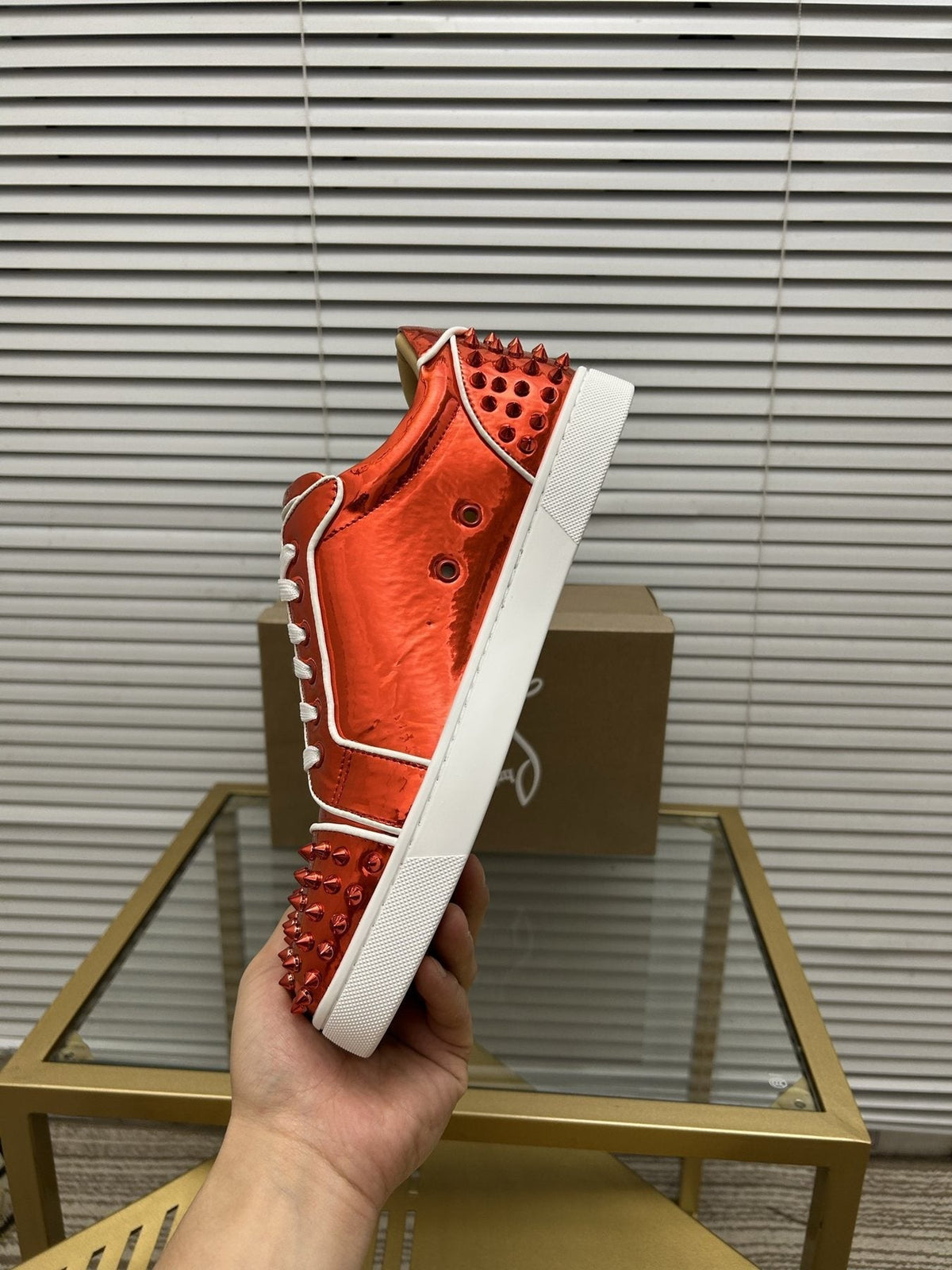 Christian Louboutin Metallic Red Studded Sneakers — side