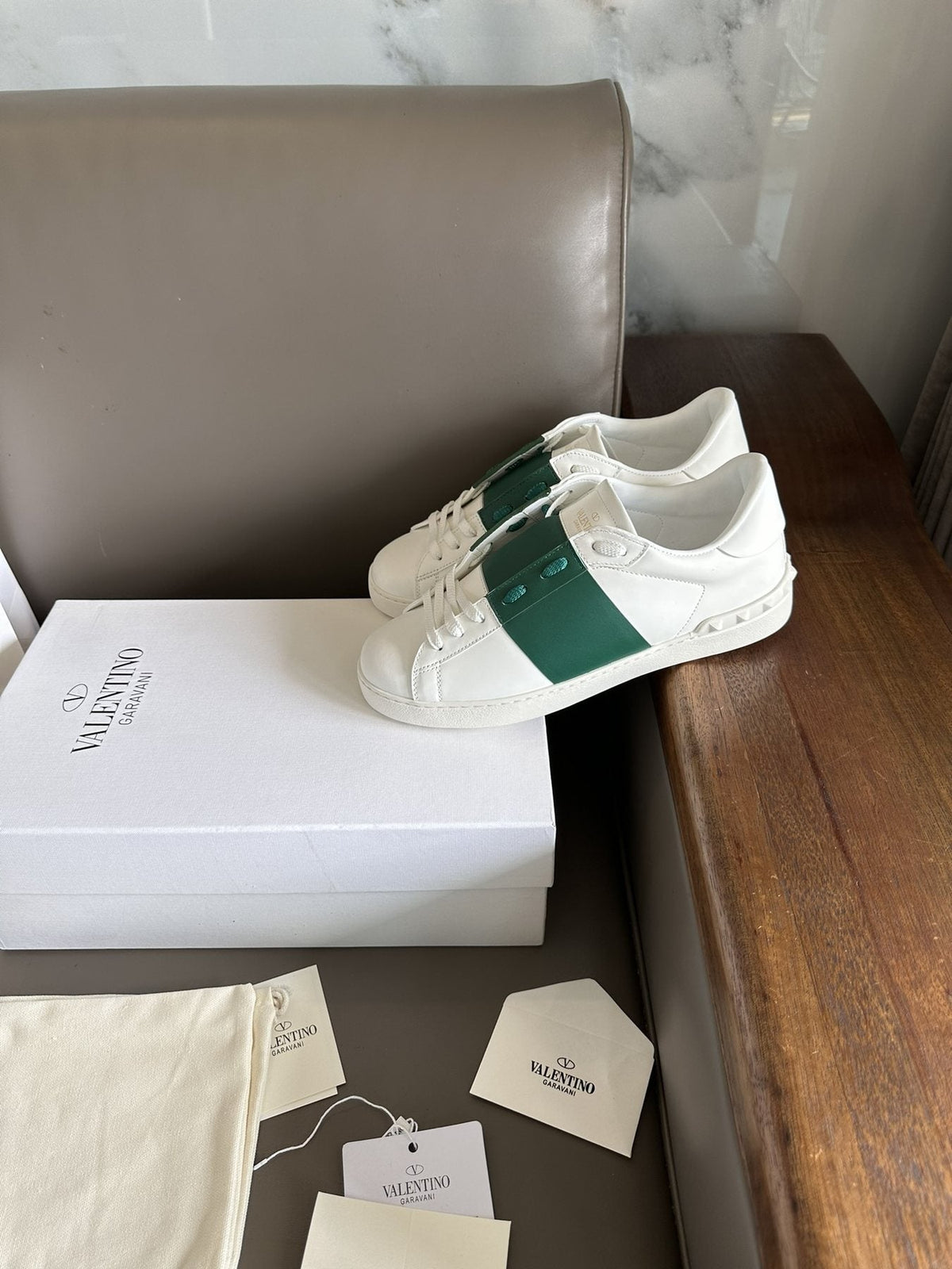 Valentino White and Green Studded Low-Top Sneakers — side
