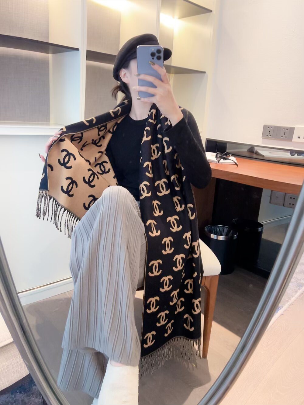 Chanel Two-Tone Fringed Scarf — model