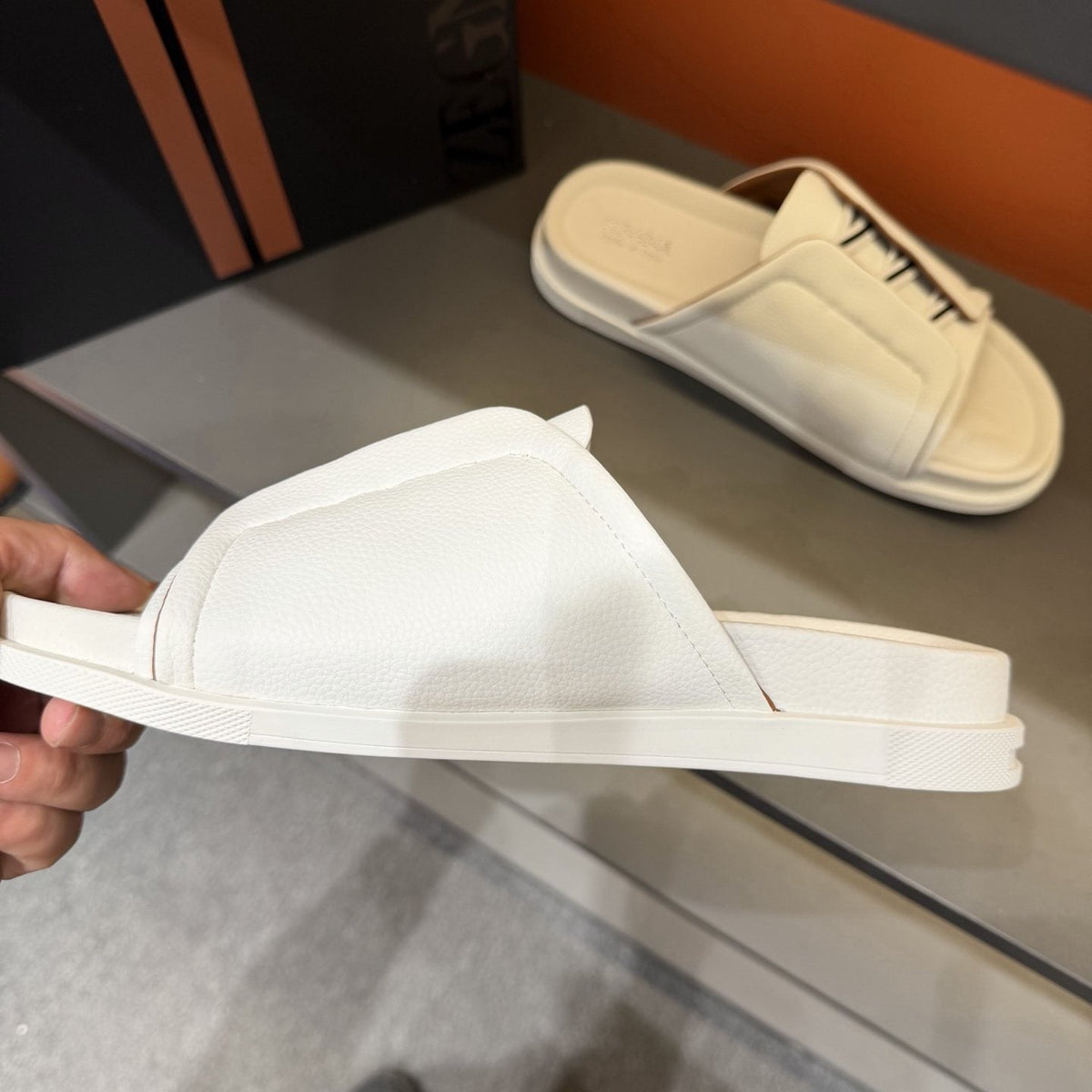 ZEGNA White Striped Slide Sandals — model