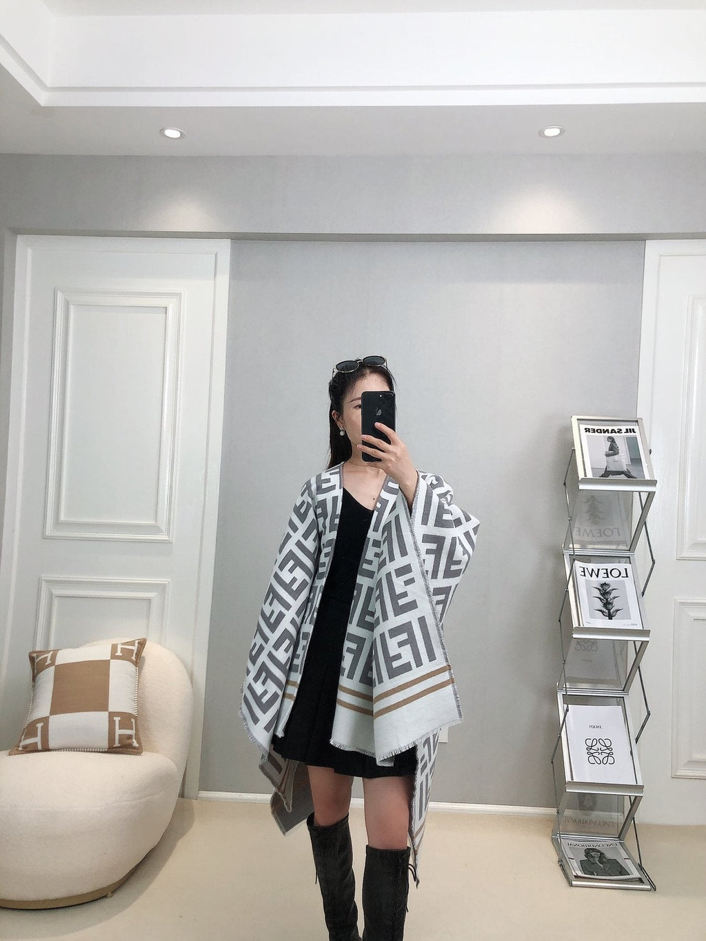 Fendi Geometric Trim Shawl — model