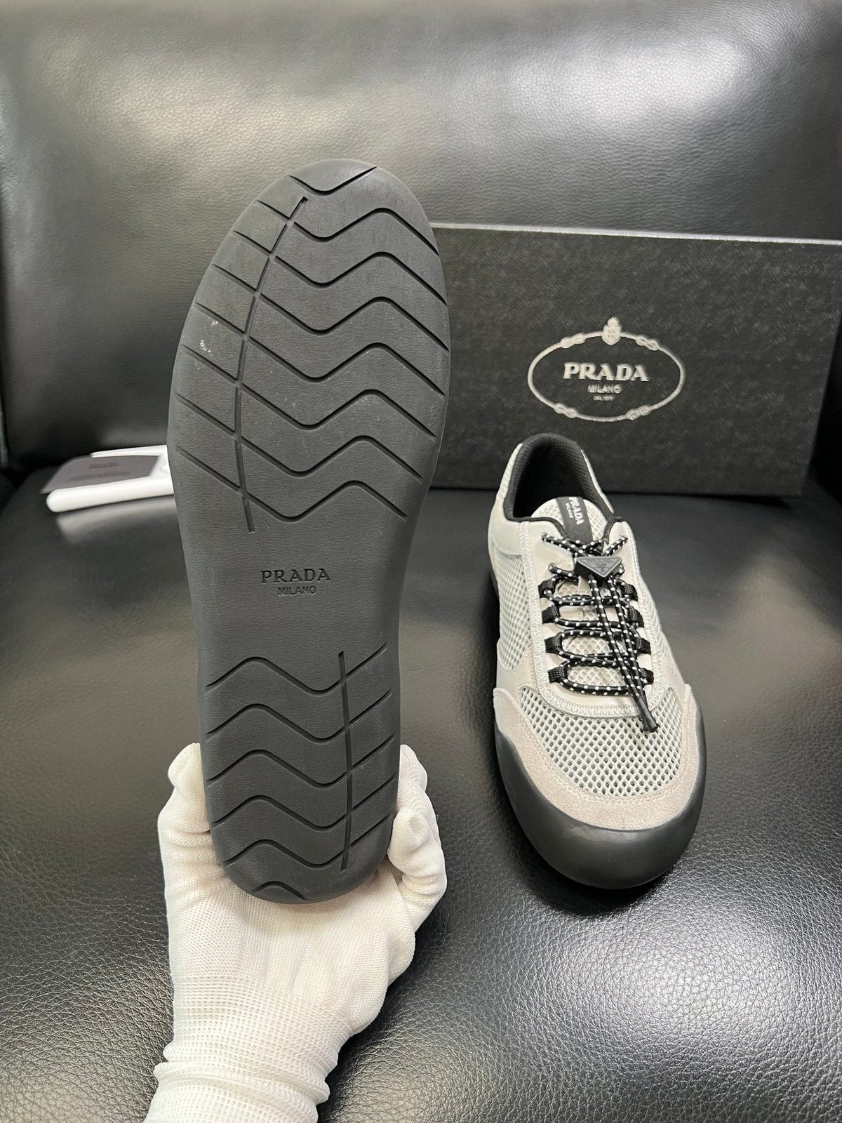 Prada White, Gray & Black Low-Top Sneakers — detail